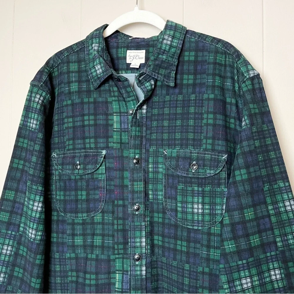 J. Crew Garment Dyed Corduroy Workshirt Large blue green‎ plaid shirt shacket